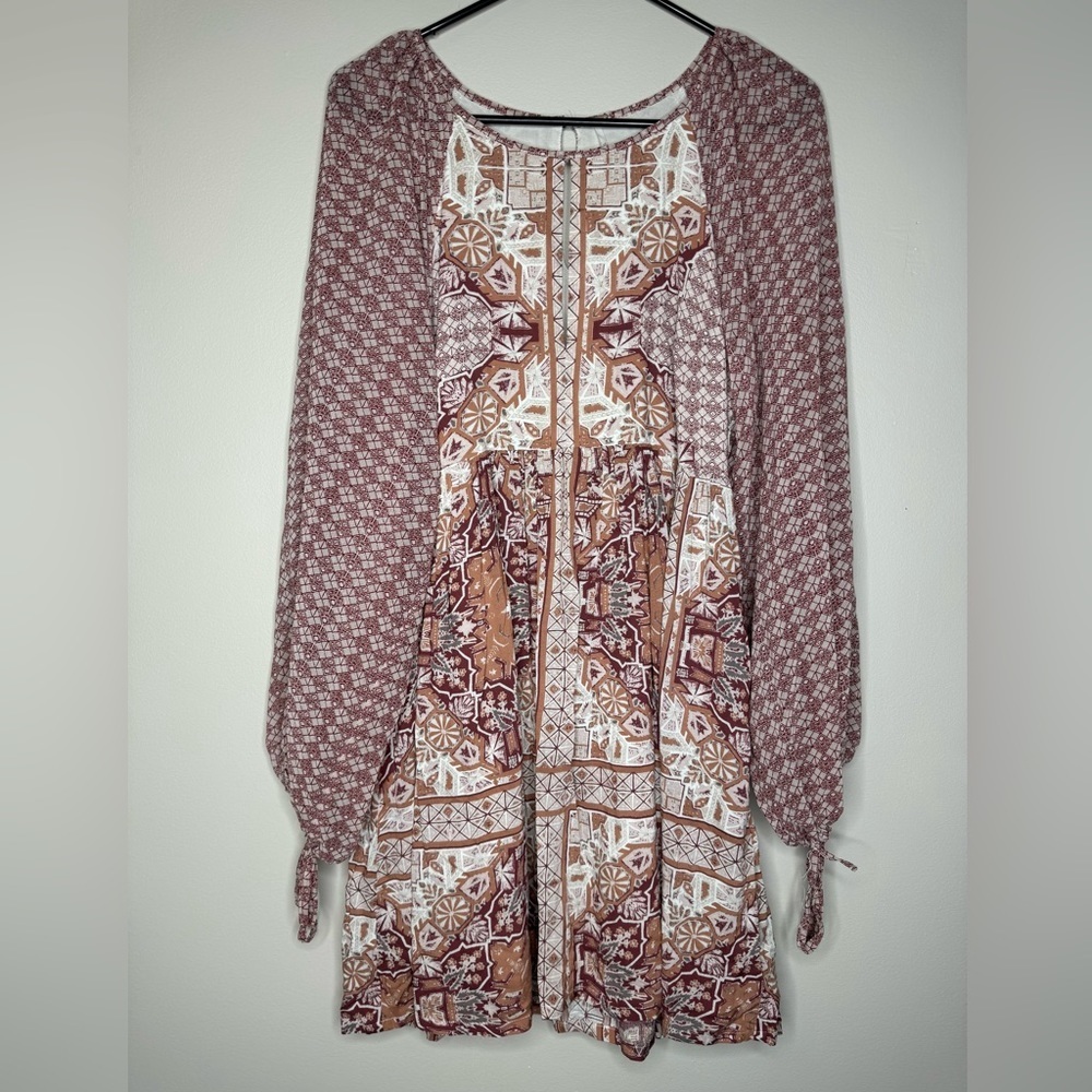 Free People Mauve & Cream Printed Long Sleeve Mini Dress